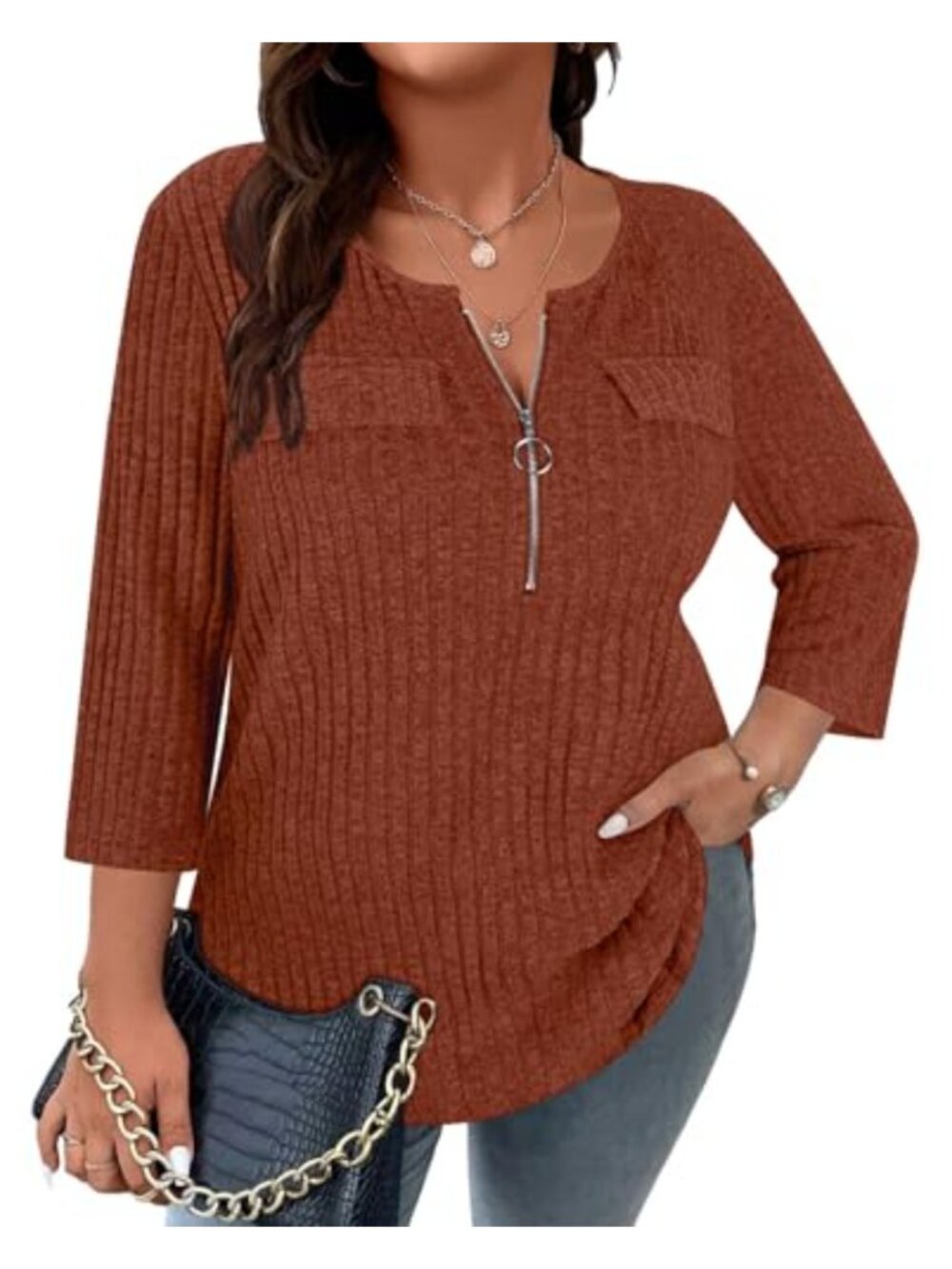 Plus Size Ribbed Knit Sweater Top 3/4 Sleeve Zip V Neck Casual Blouse